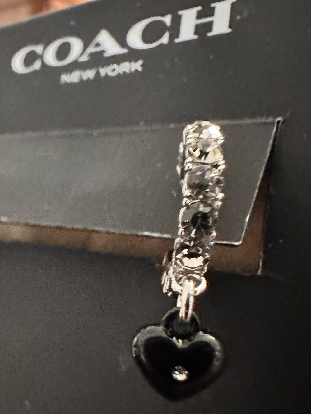 NWT Coach Women’s Black Heart Crystal Drop Heart Earrings - Picture 5 of 9